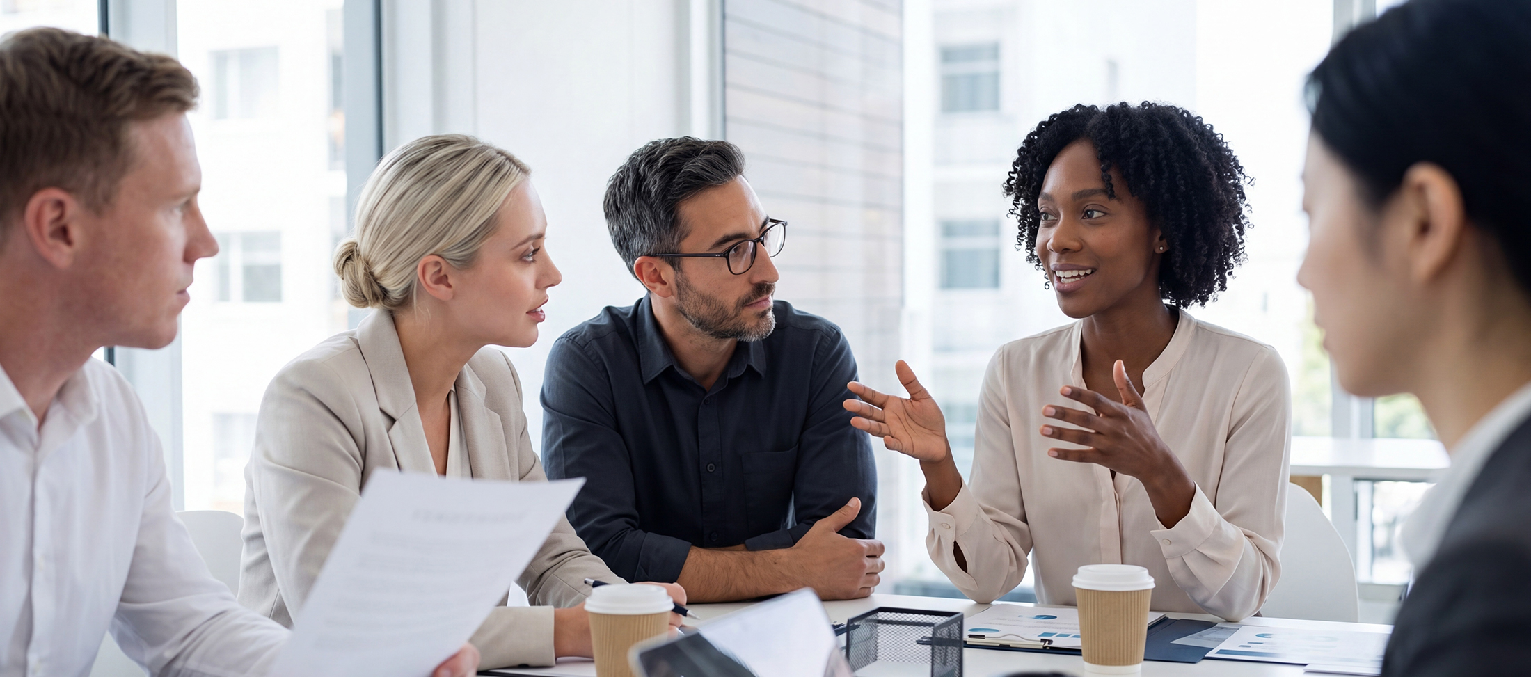 Diverse business professionals engaged in an active, focused dis